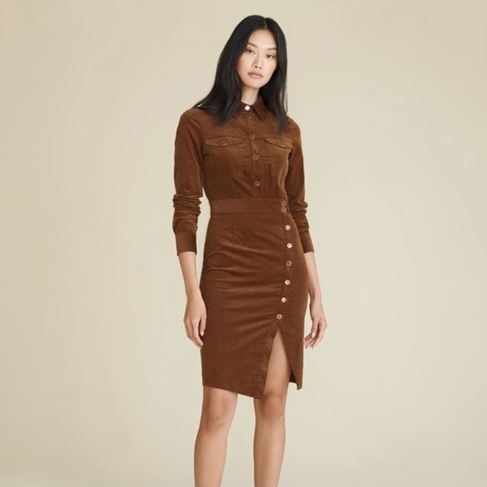 Veronica Beard Britton Corduroy Shirt Dress Size 14 Mini Brown Asymmetrical Hem